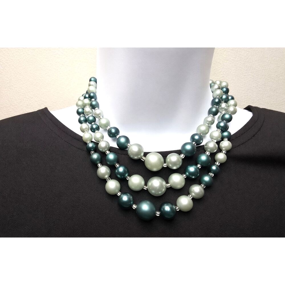 Vintage Japan Necklace Triple Strand Pearlized Glass Beads Teal Green Tones